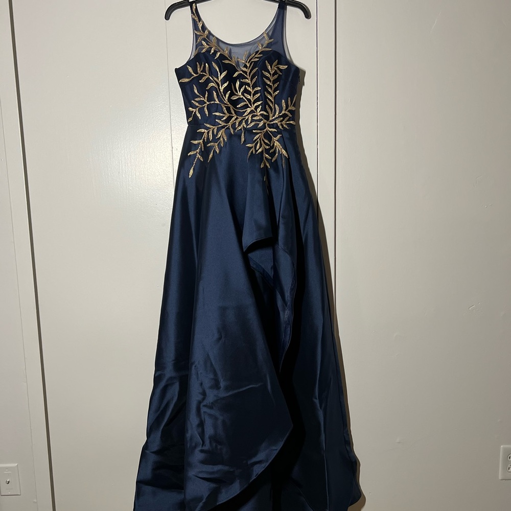Navy with gold, one leg ball gown